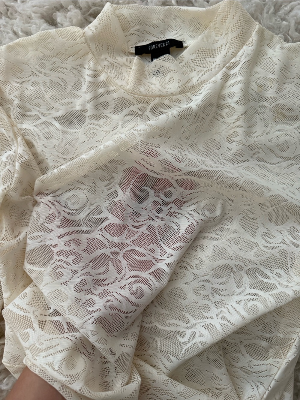 Forever 21 Cream Lace Mock-Neck Long Sleeve Top / Size Large Sheer Lace Shirt - Picture 4 of 6